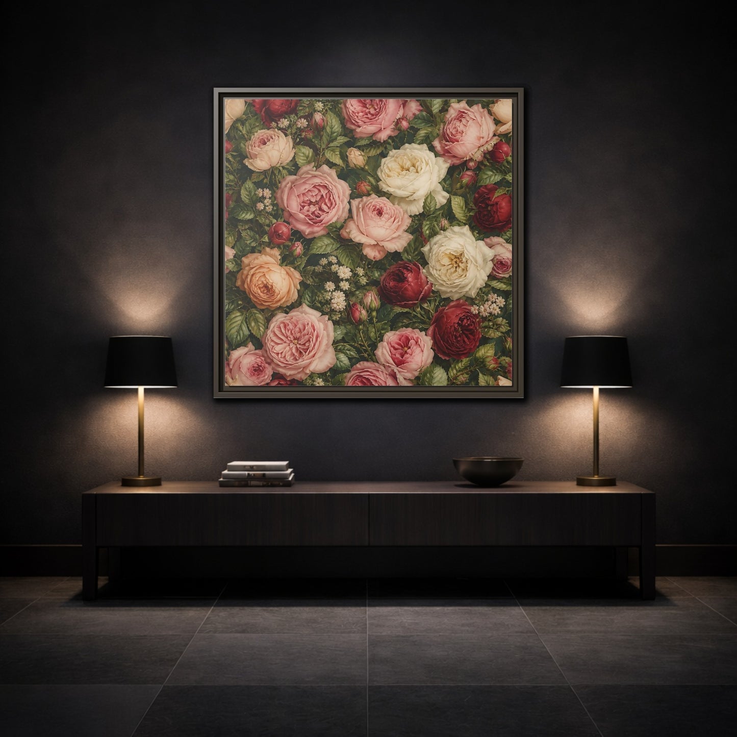 Mockup 3. Soft Painterly Realism Garden Roses With Greenery shown as stretched canvas wall art