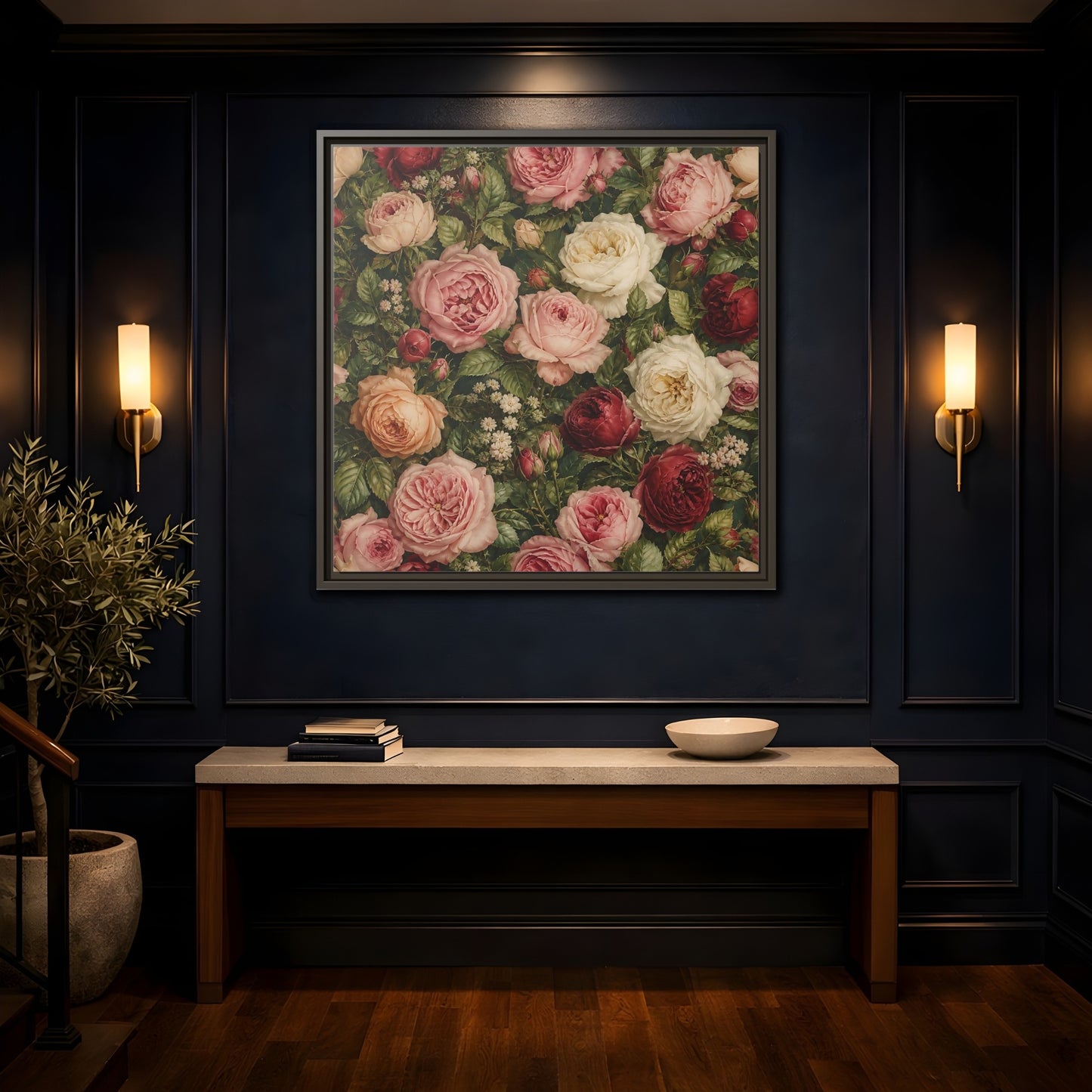 Mockup 4. Soft Painterly Realism Garden Roses With Greenery shown as stretched canvas wall art