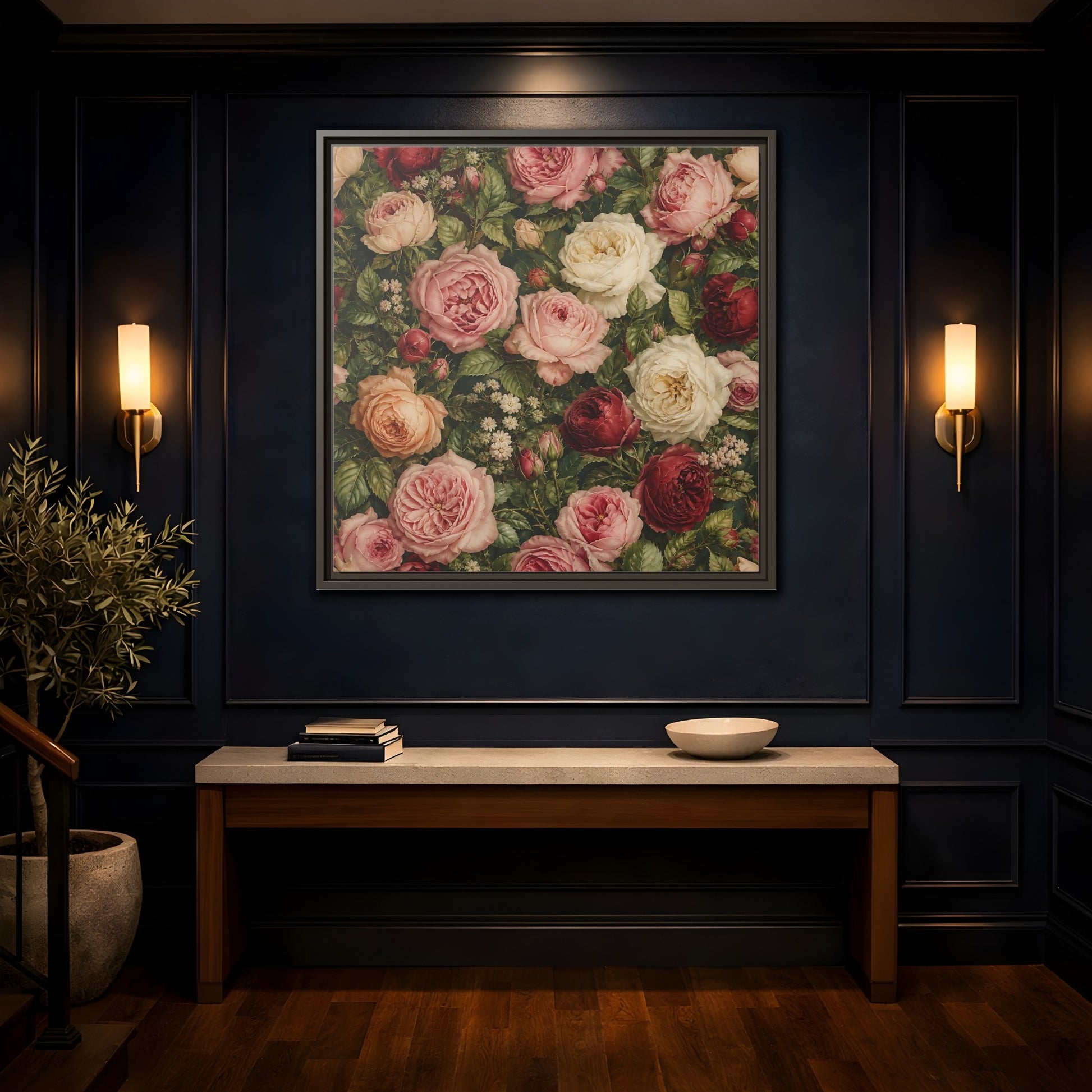 Mockup 4. Soft Painterly Realism Garden Roses With Greenery shown as stretched canvas wall art