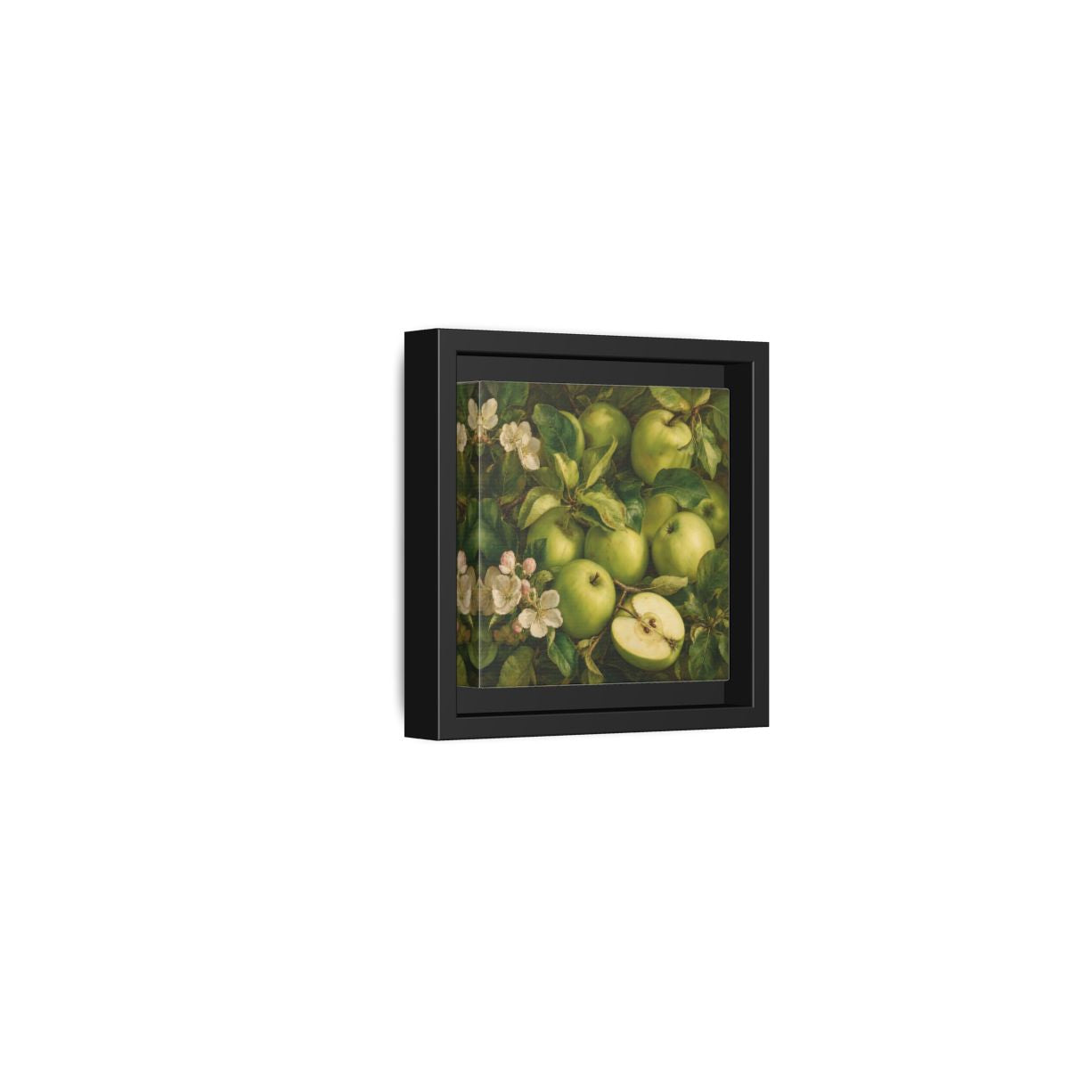 Side Mockup 24. Soft Painterly Realism Green Apples Beside Leafy Stems shown as stretched canvas wall art