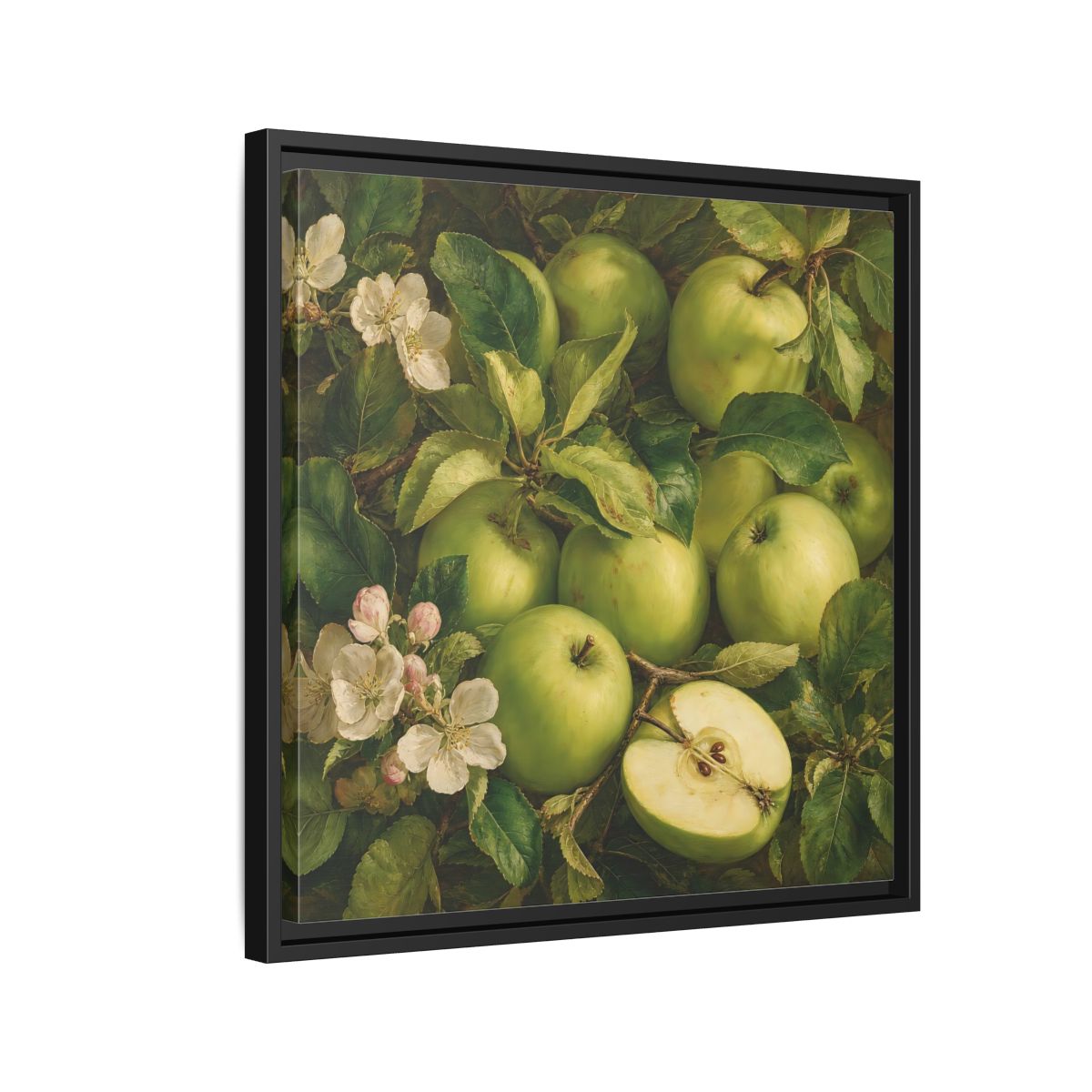 Side Mockup 12. Soft Painterly Realism Green Apples Beside Leafy Stems shown as stretched canvas wall art