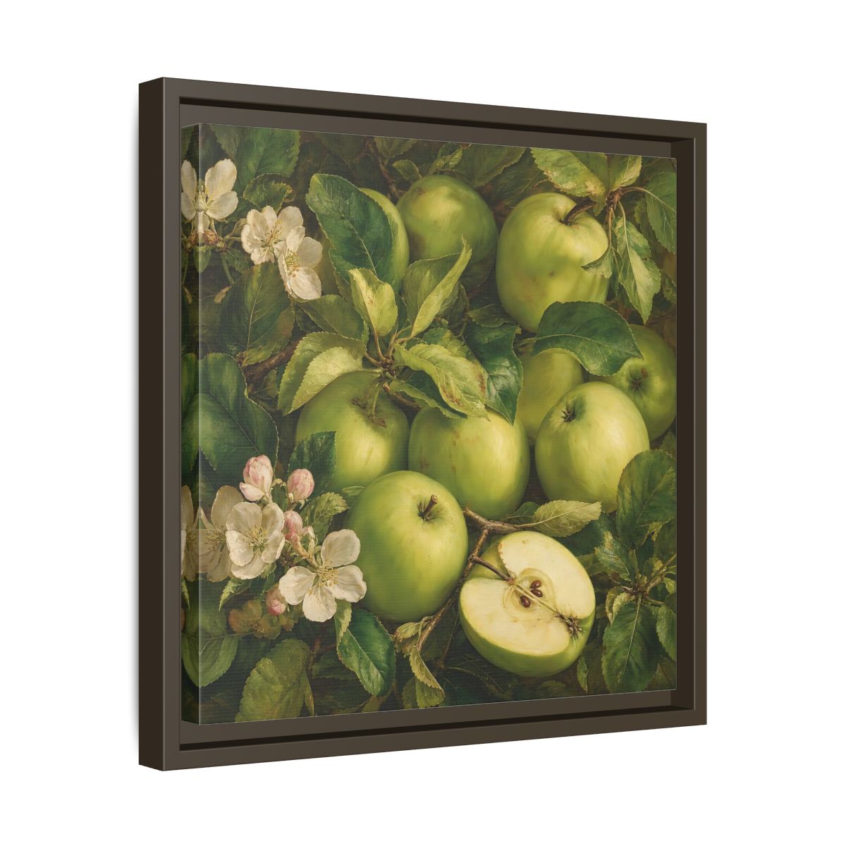Side Mockup 29. Soft Painterly Realism Green Apples Beside Leafy Stems shown as stretched canvas wall art