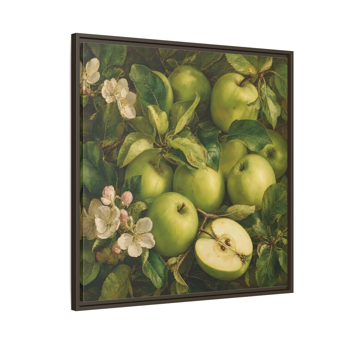 Side Mockup 8. Soft Painterly Realism Green Apples Beside Leafy Stems shown as stretched canvas wall art