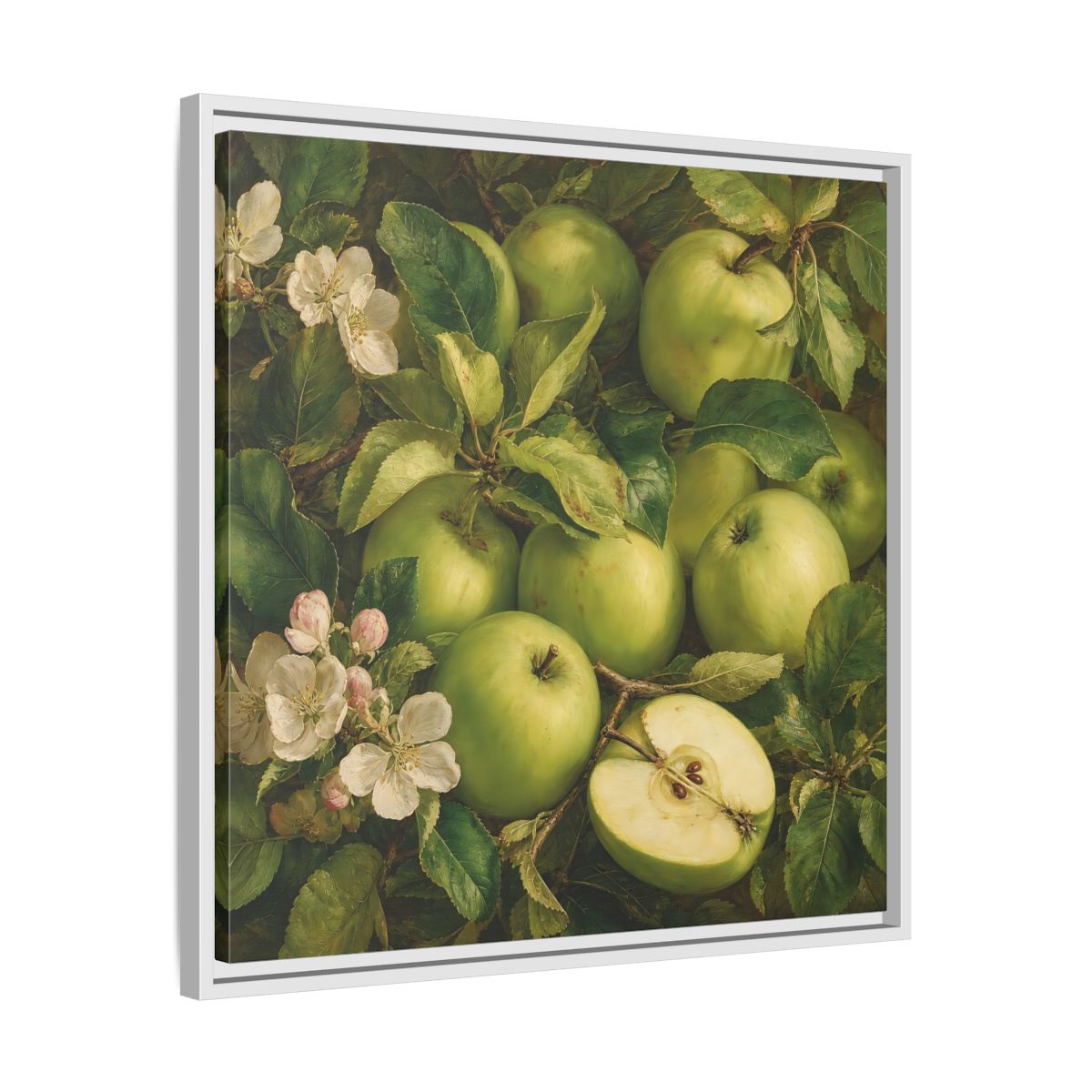 Side Mockup 26. Soft Painterly Realism Green Apples Beside Leafy Stems shown as stretched canvas wall art