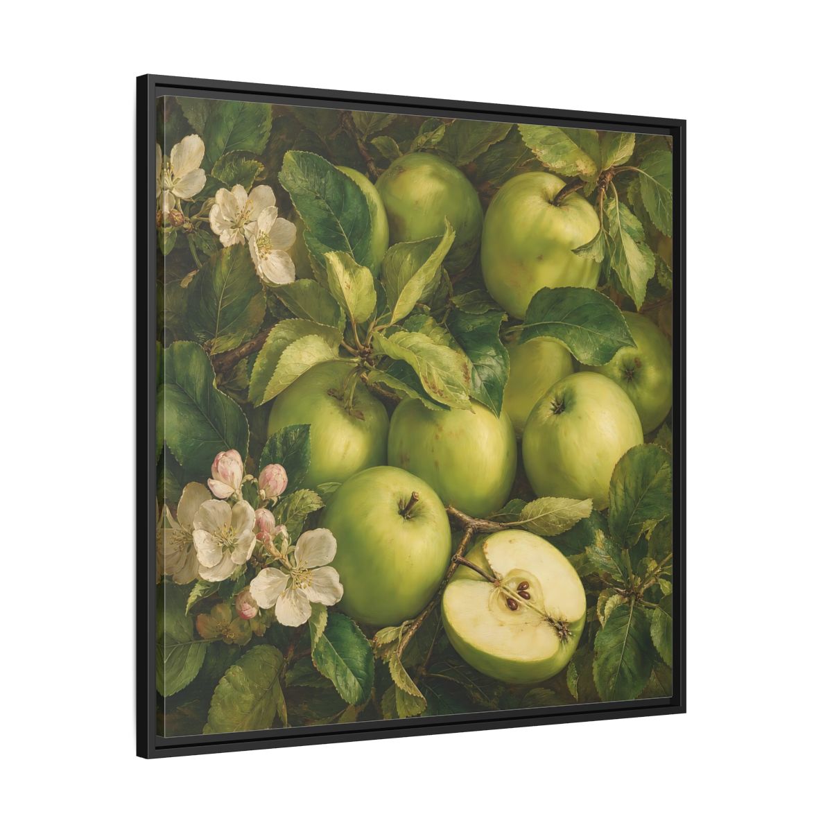 Side Mockup 30. Soft Painterly Realism Green Apples Beside Leafy Stems shown as stretched canvas wall art