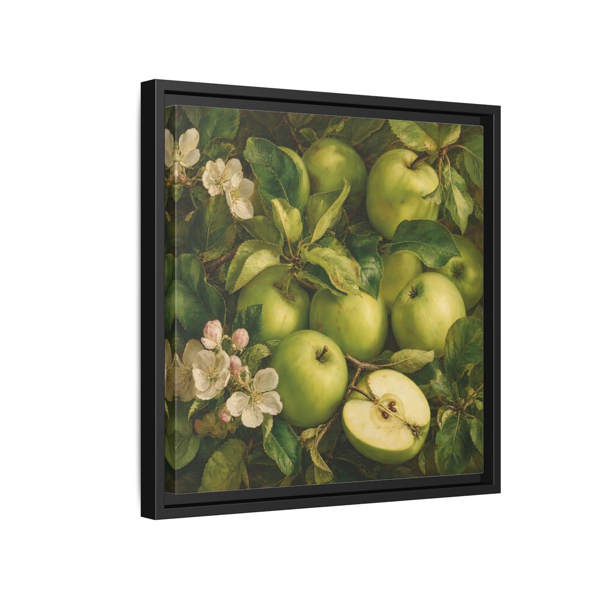Side Mockup 15. Soft Painterly Realism Green Apples Beside Leafy Stems shown as stretched canvas wall art
