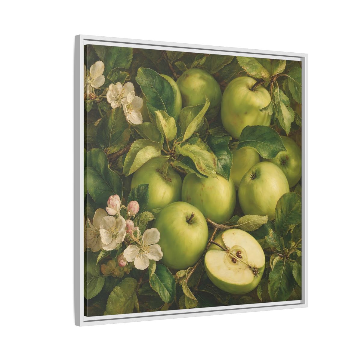 Side Mockup 7. Soft Painterly Realism Green Apples Beside Leafy Stems shown as stretched canvas wall art