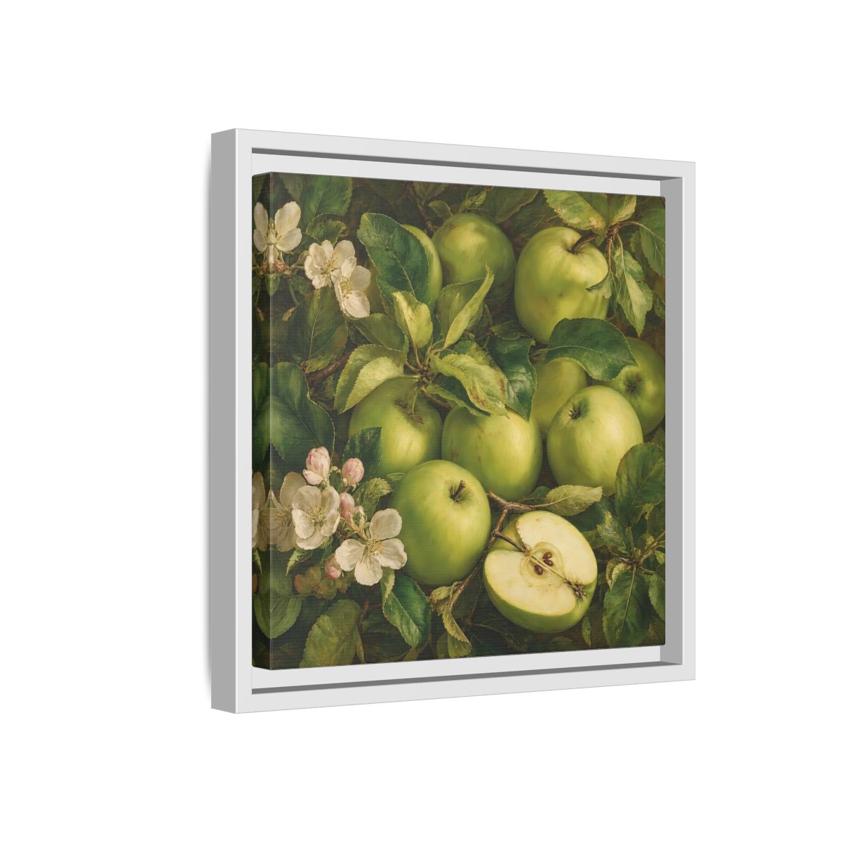 Side Mockup 16. Soft Painterly Realism Green Apples Beside Leafy Stems shown as stretched canvas wall art