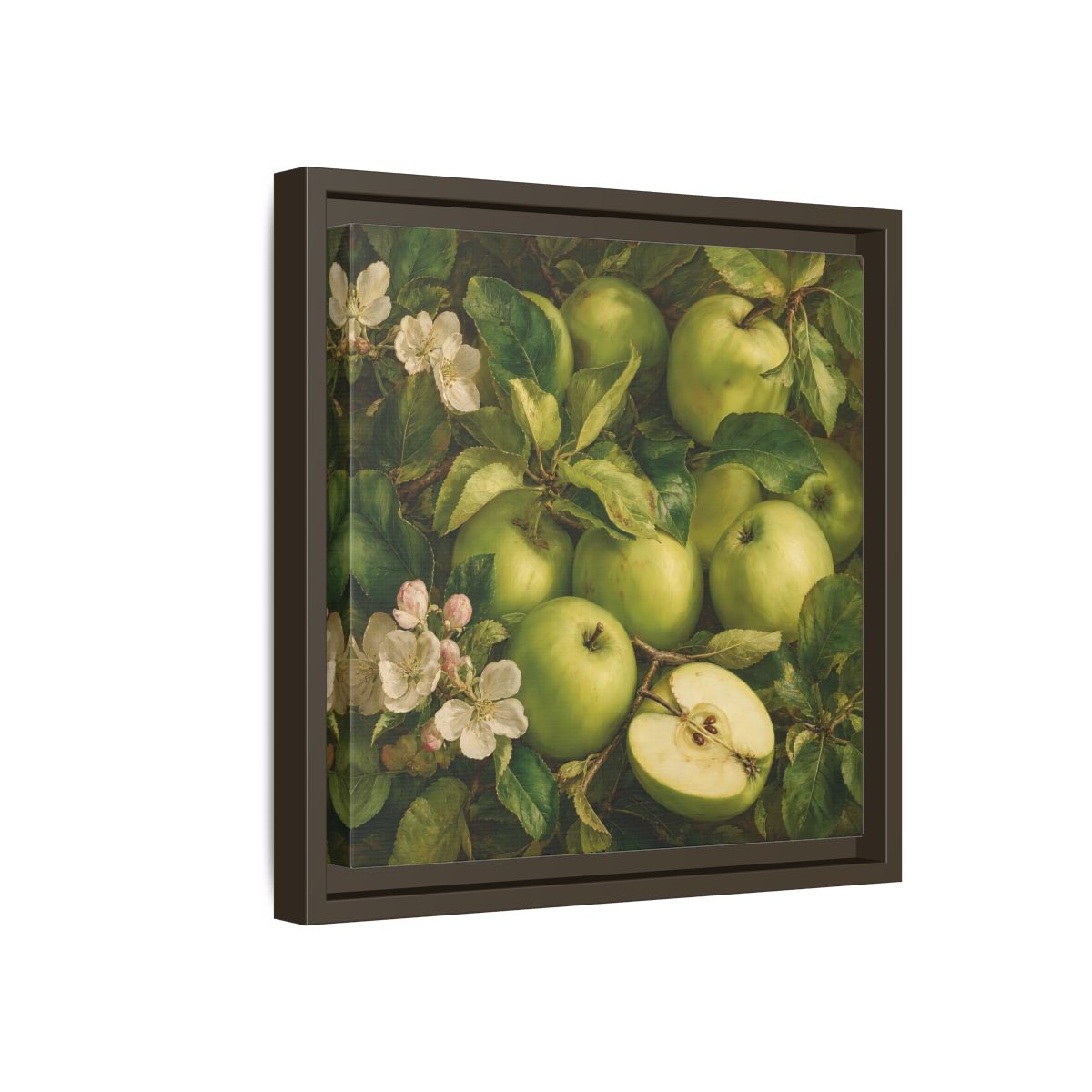Side Mockup 17. Soft Painterly Realism Green Apples Beside Leafy Stems shown as stretched canvas wall art
