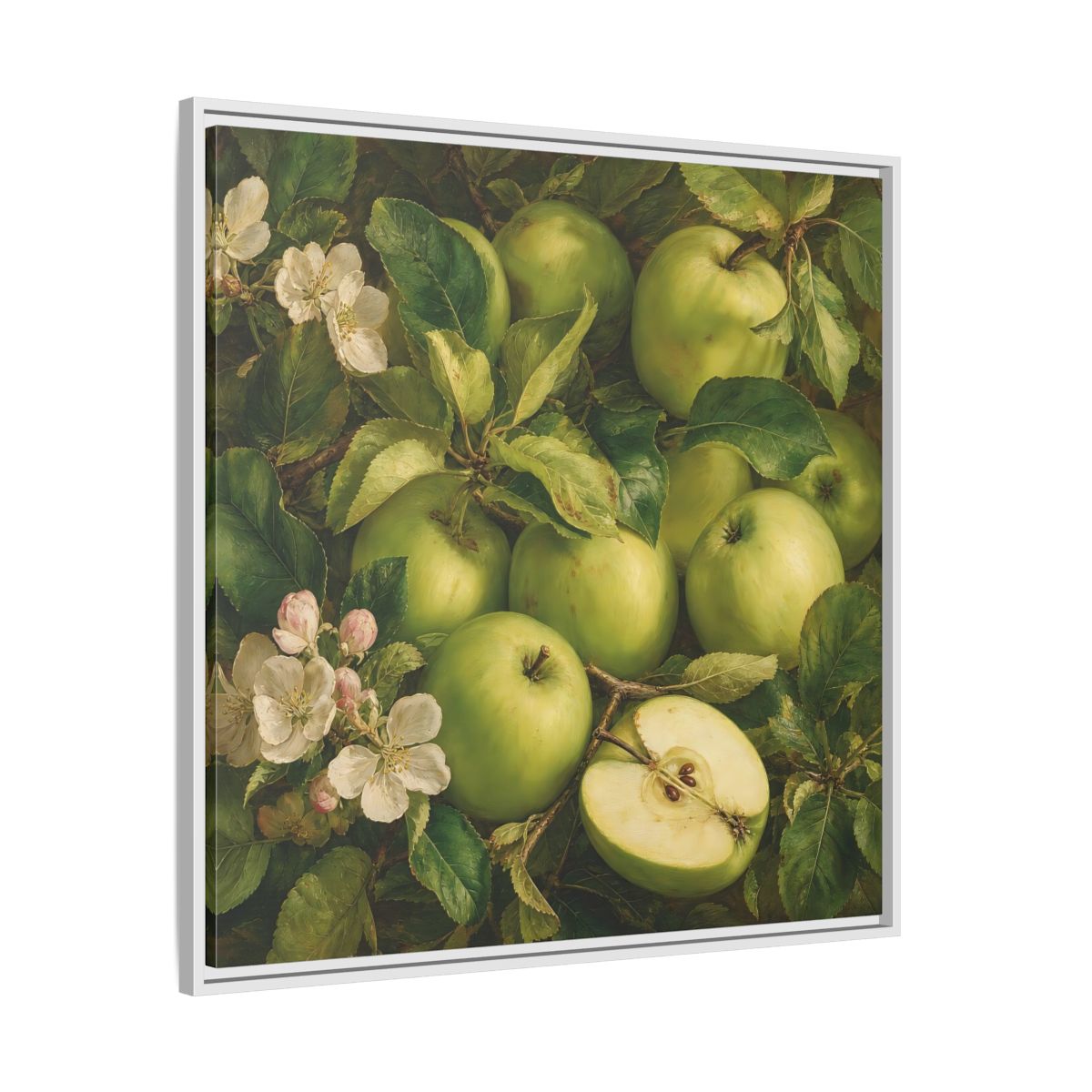 Side Mockup 25. Soft Painterly Realism Green Apples Beside Leafy Stems shown as stretched canvas wall art