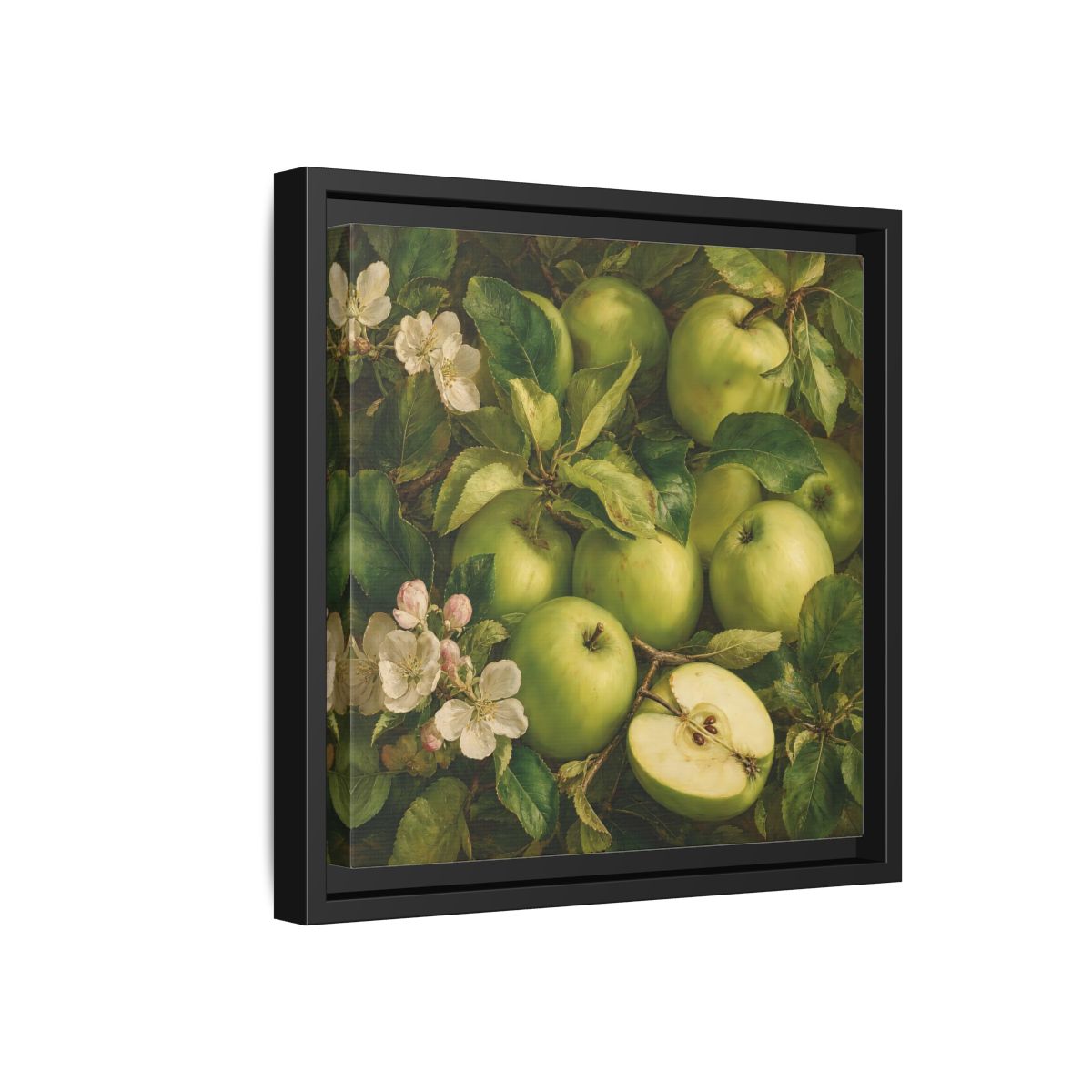 Side Mockup 18. Soft Painterly Realism Green Apples Beside Leafy Stems shown as stretched canvas wall art
