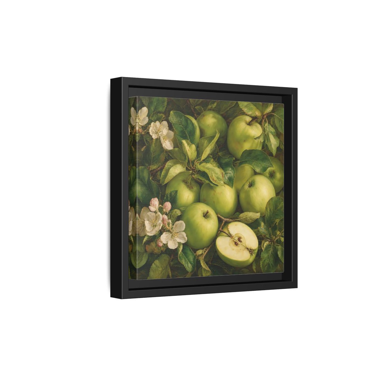 Side Mockup 21. Soft Painterly Realism Green Apples Beside Leafy Stems shown as stretched canvas wall art