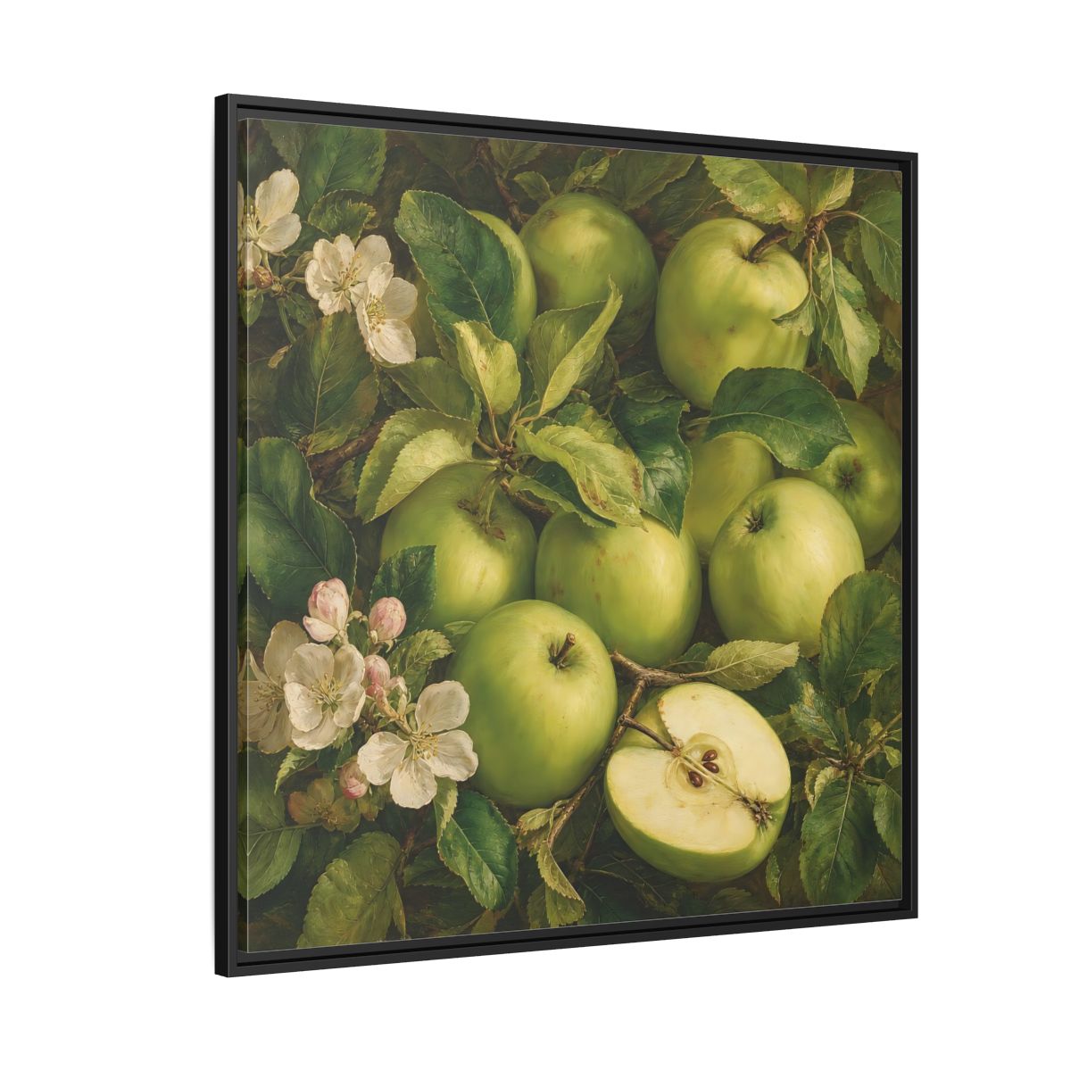 Side Mockup 6. Soft Painterly Realism Green Apples Beside Leafy Stems shown as stretched canvas wall art