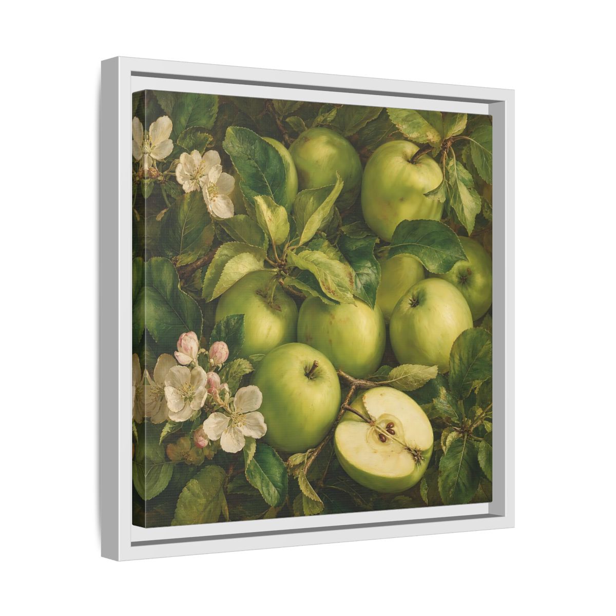 Side Mockup 28. Soft Painterly Realism Green Apples Beside Leafy Stems shown as stretched canvas wall art