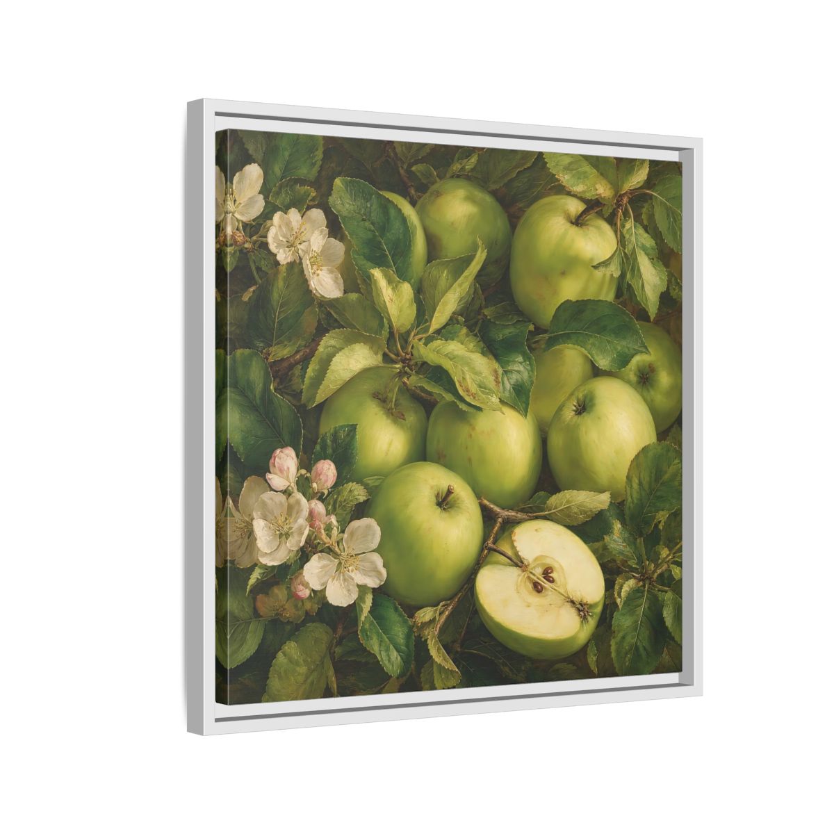 Side Mockup 10. Soft Painterly Realism Green Apples Beside Leafy Stems shown as stretched canvas wall art