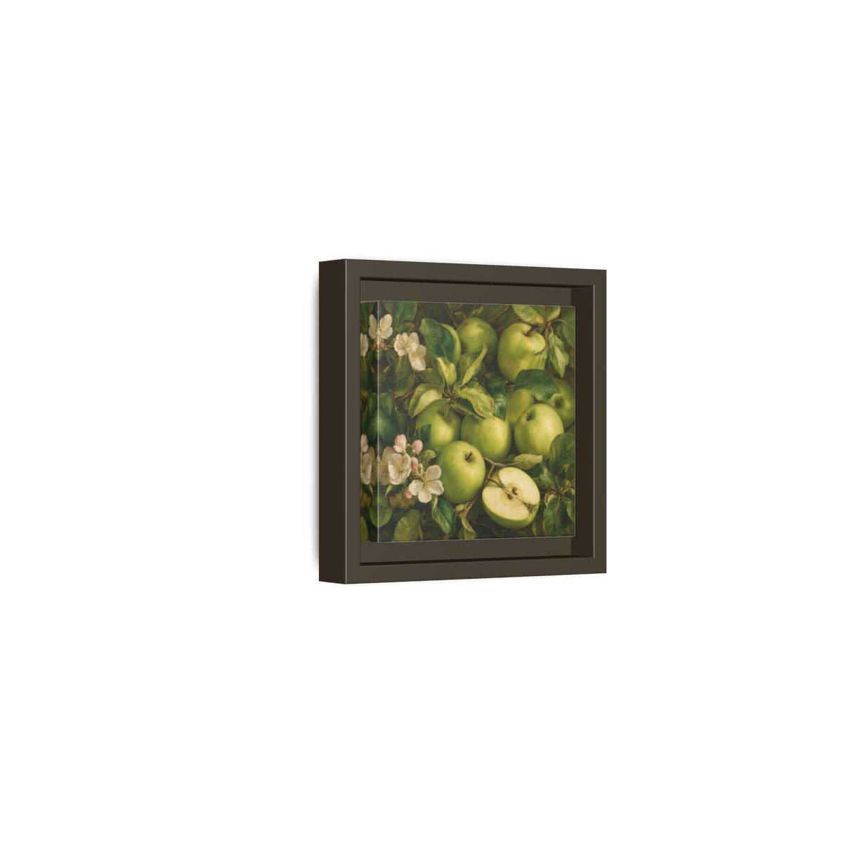 Side Mockup 23. Soft Painterly Realism Green Apples Beside Leafy Stems shown as stretched canvas wall art