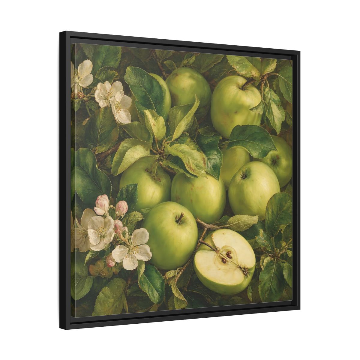 Side Mockup 31. Soft Painterly Realism Green Apples Beside Leafy Stems shown as stretched canvas wall art