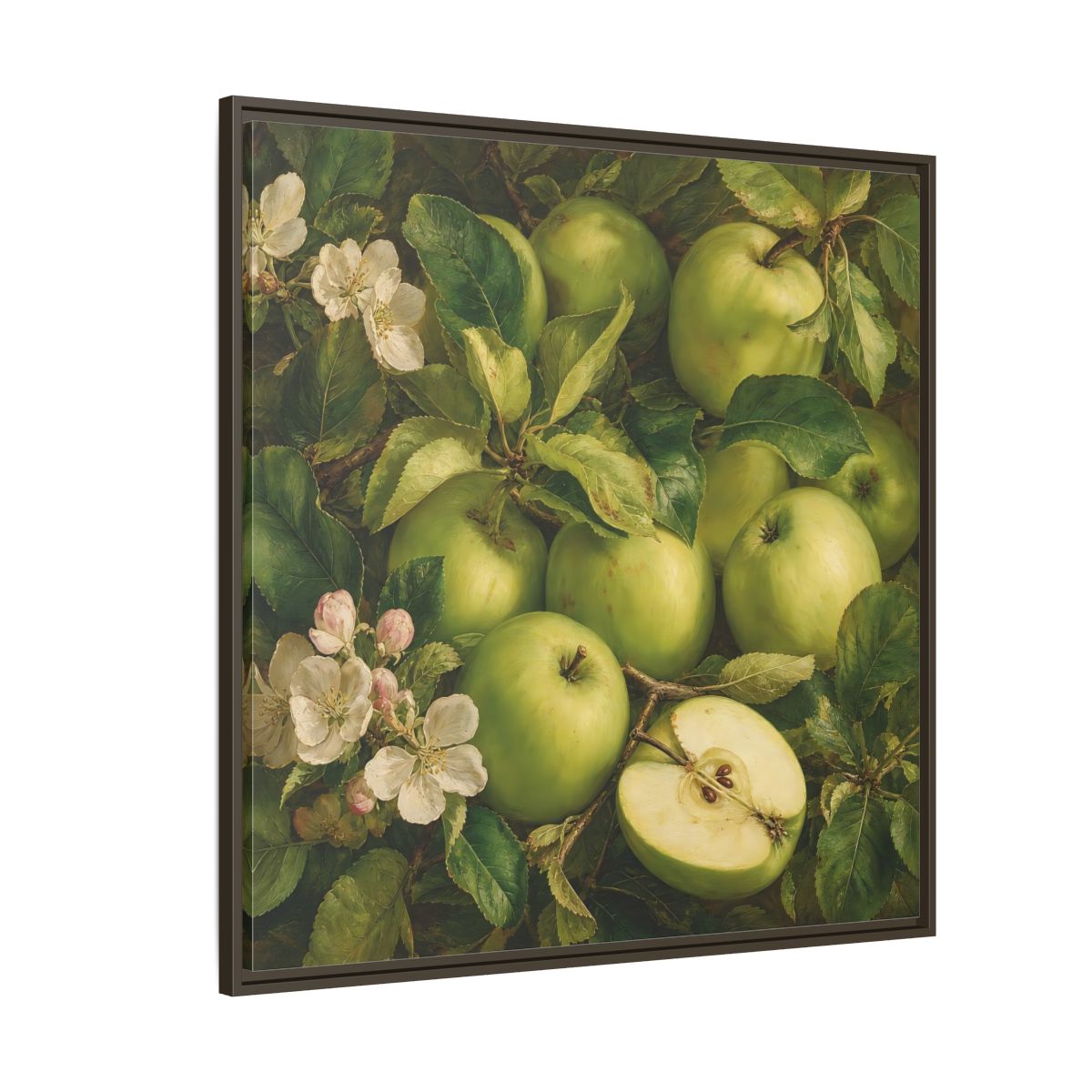 Side Mockup 5. Soft Painterly Realism Green Apples Beside Leafy Stems shown as stretched canvas wall art