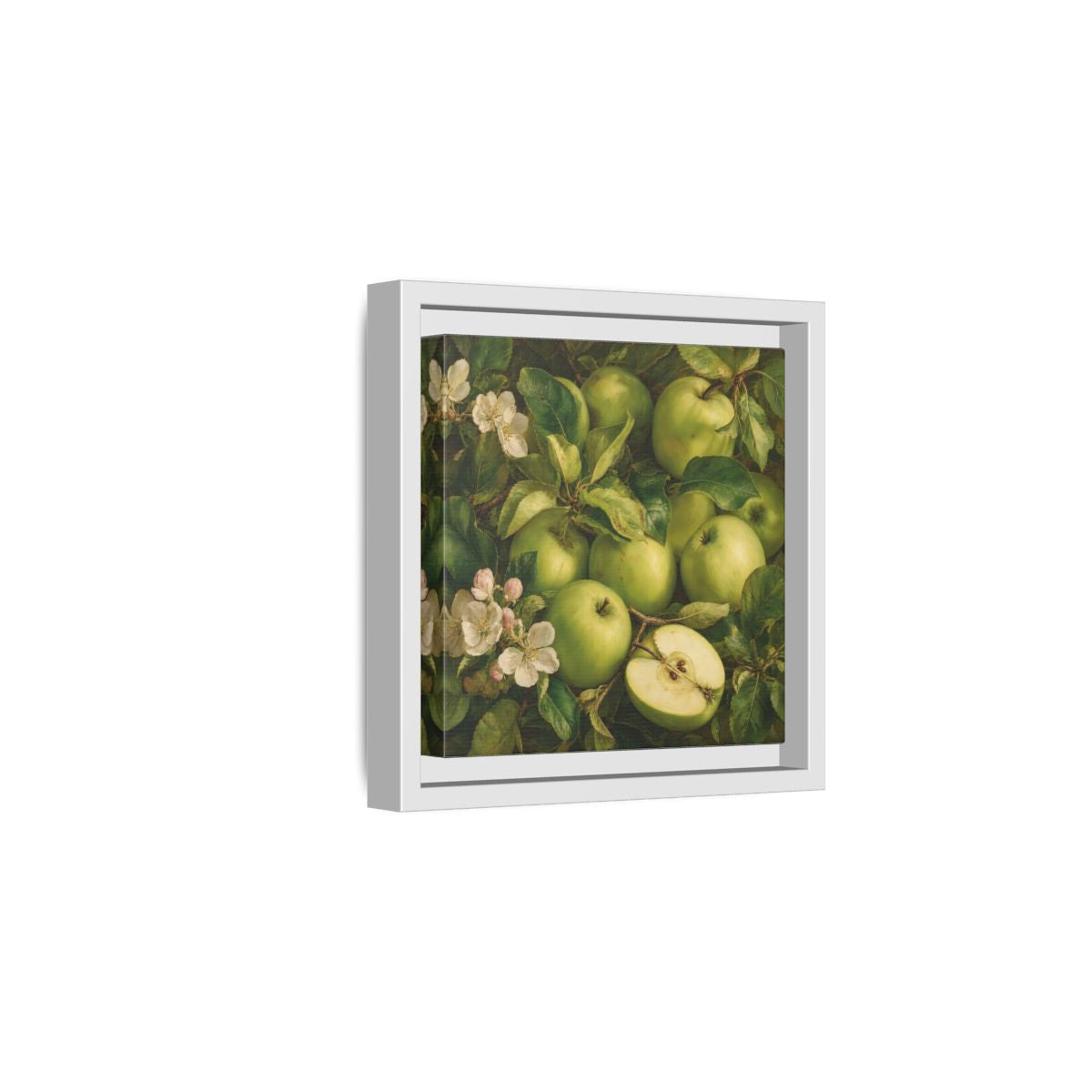 Side Mockup 1. Soft Painterly Realism Green Apples Beside Leafy Stems shown as stretched canvas wall art