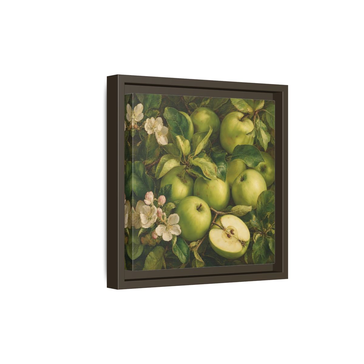 Side Mockup 20. Soft Painterly Realism Green Apples Beside Leafy Stems shown as stretched canvas wall art