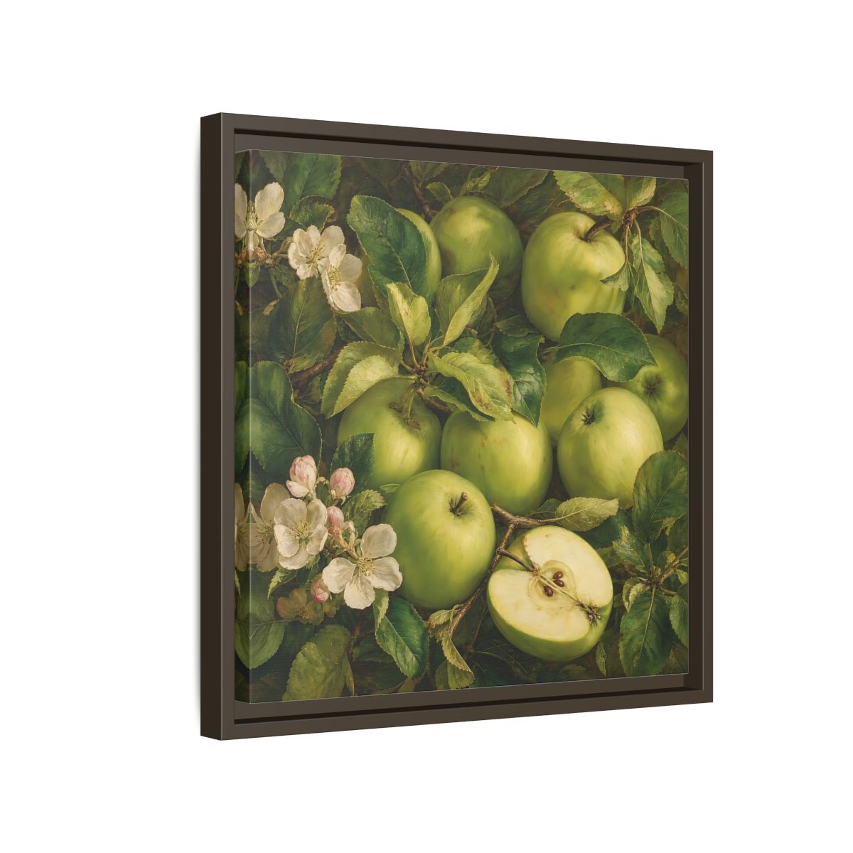Side Mockup 14. Soft Painterly Realism Green Apples Beside Leafy Stems shown as stretched canvas wall art