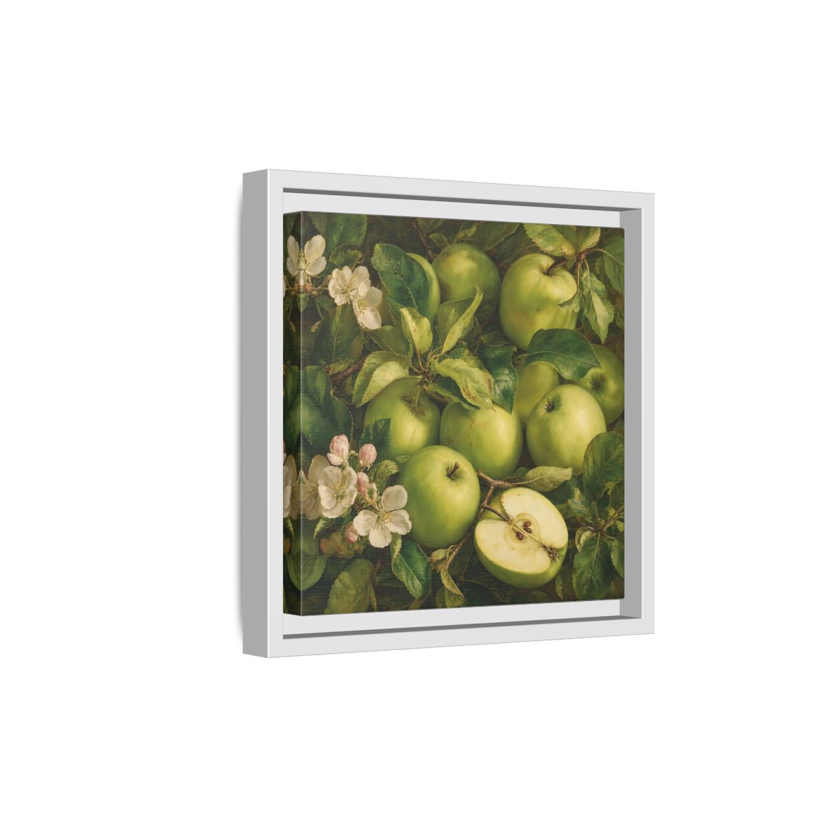 Side Mockup 19. Soft Painterly Realism Green Apples Beside Leafy Stems shown as stretched canvas wall art
