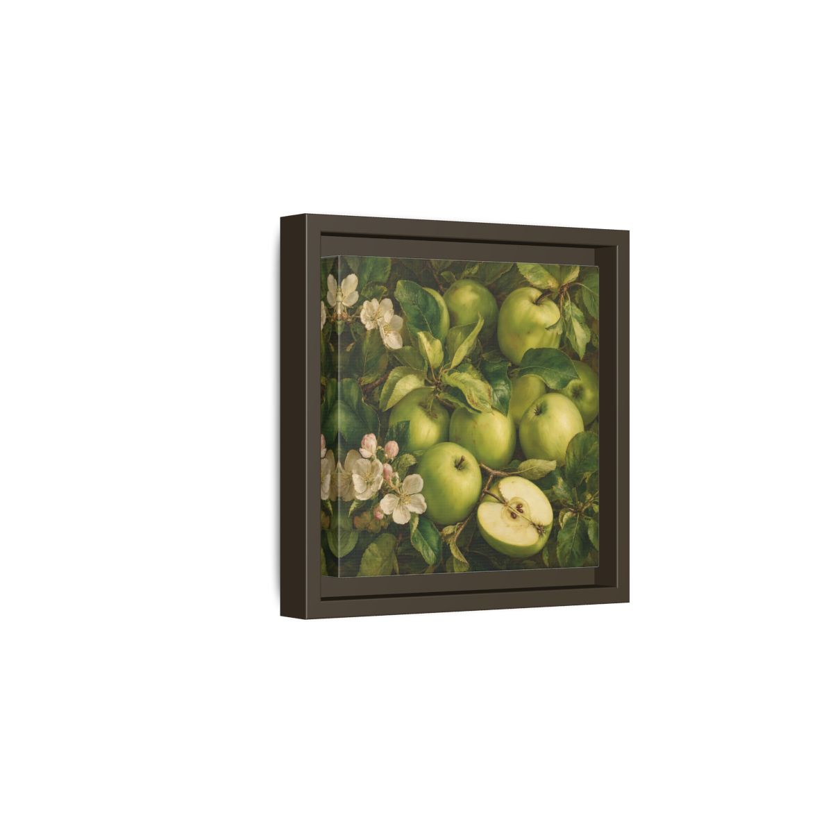 Side Mockup 2. Soft Painterly Realism Green Apples Beside Leafy Stems shown as stretched canvas wall art
