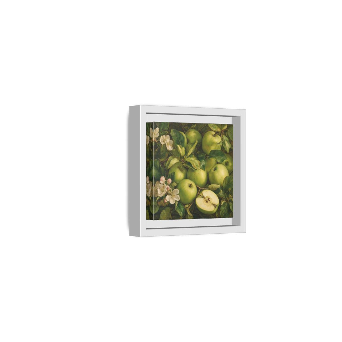 Side Mockup 22. Soft Painterly Realism Green Apples Beside Leafy Stems shown as stretched canvas wall art