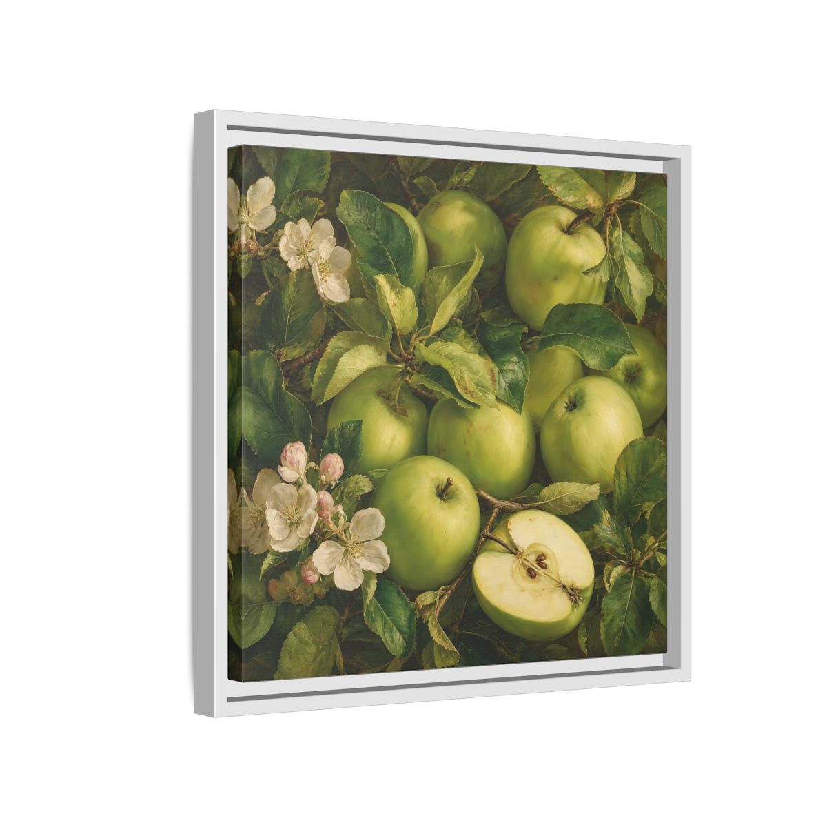 Side Mockup 13. Soft Painterly Realism Green Apples Beside Leafy Stems shown as stretched canvas wall art