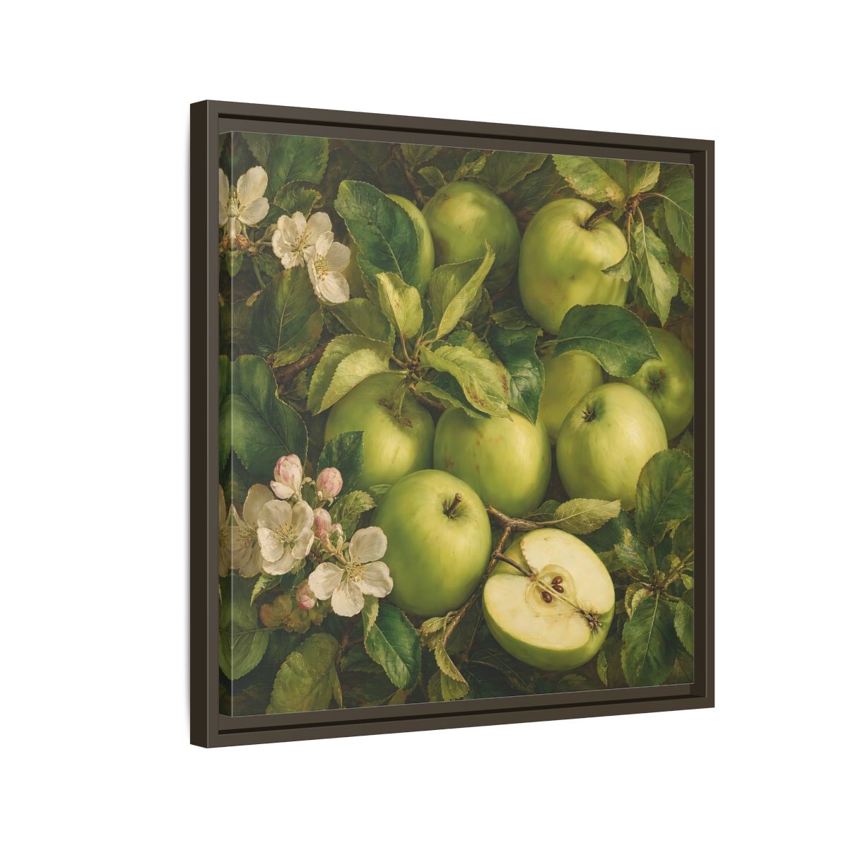 Side Mockup 11. Soft Painterly Realism Green Apples Beside Leafy Stems shown as stretched canvas wall art