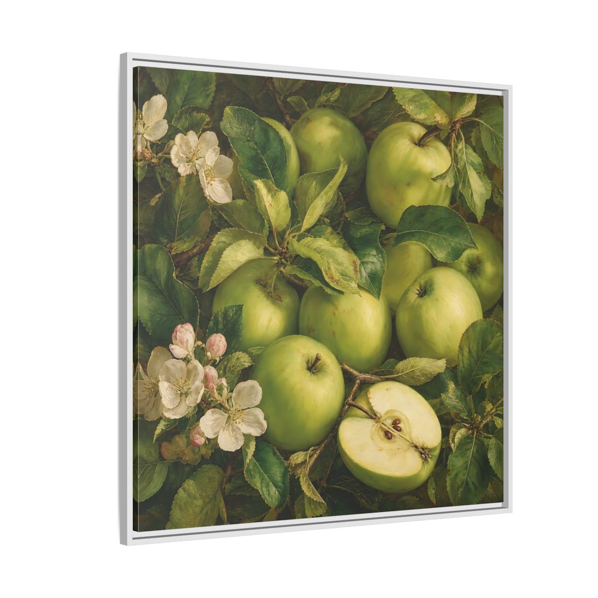 Side Mockup 4. Soft Painterly Realism Green Apples Beside Leafy Stems shown as stretched canvas wall art