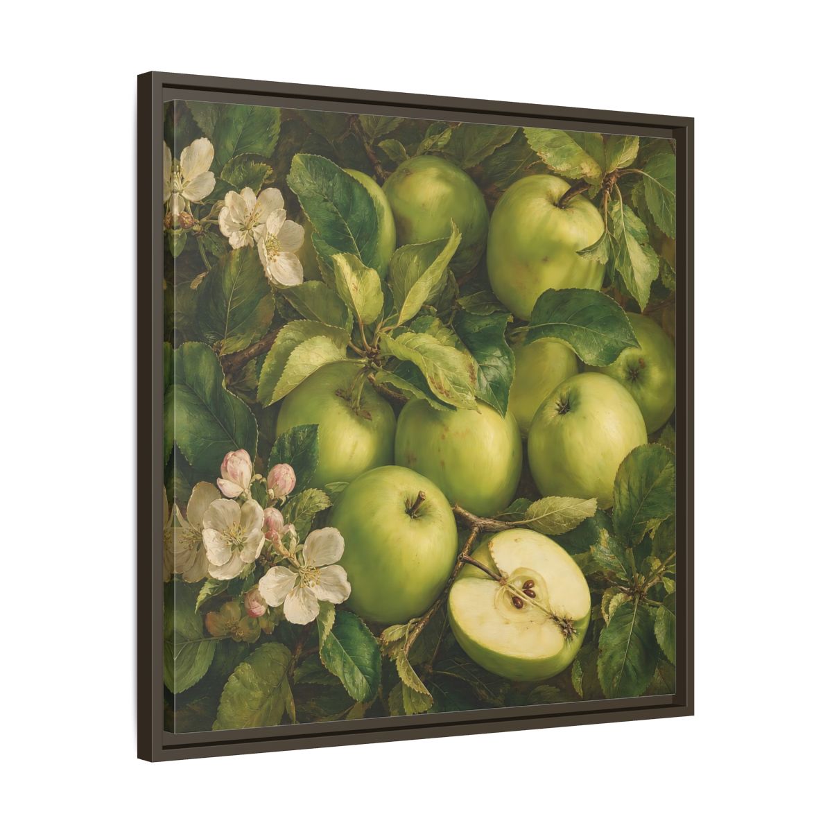 Side Mockup 27. Soft Painterly Realism Green Apples Beside Leafy Stems shown as stretched canvas wall art