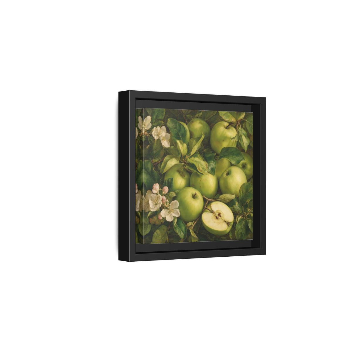 Side Mockup 3. Soft Painterly Realism Green Apples Beside Leafy Stems shown as stretched canvas wall art
