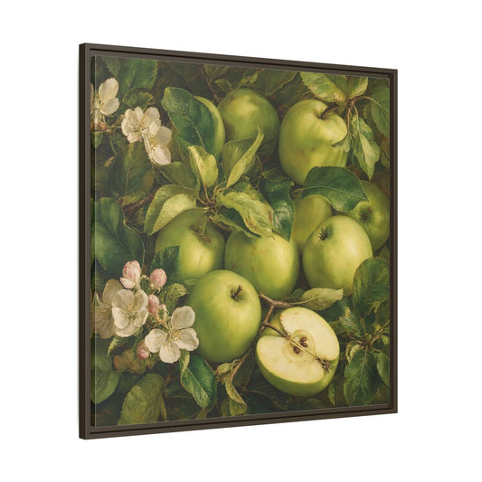 Main Mockup. Soft Painterly Realism Green Apples Beside Leafy Stems shown as stretched canvas wall art