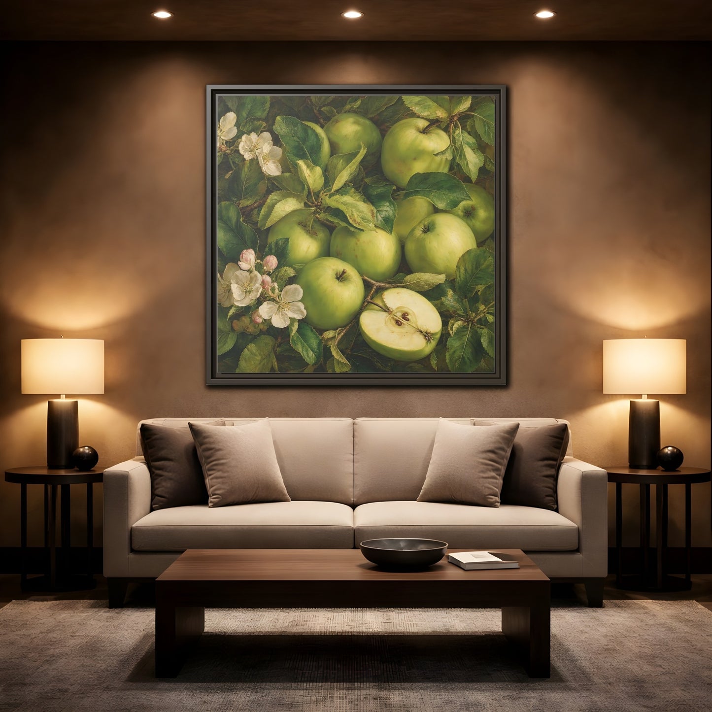Mockup 2. Soft Painterly Realism Green Apples Beside Leafy Stems shown as stretched canvas wall art