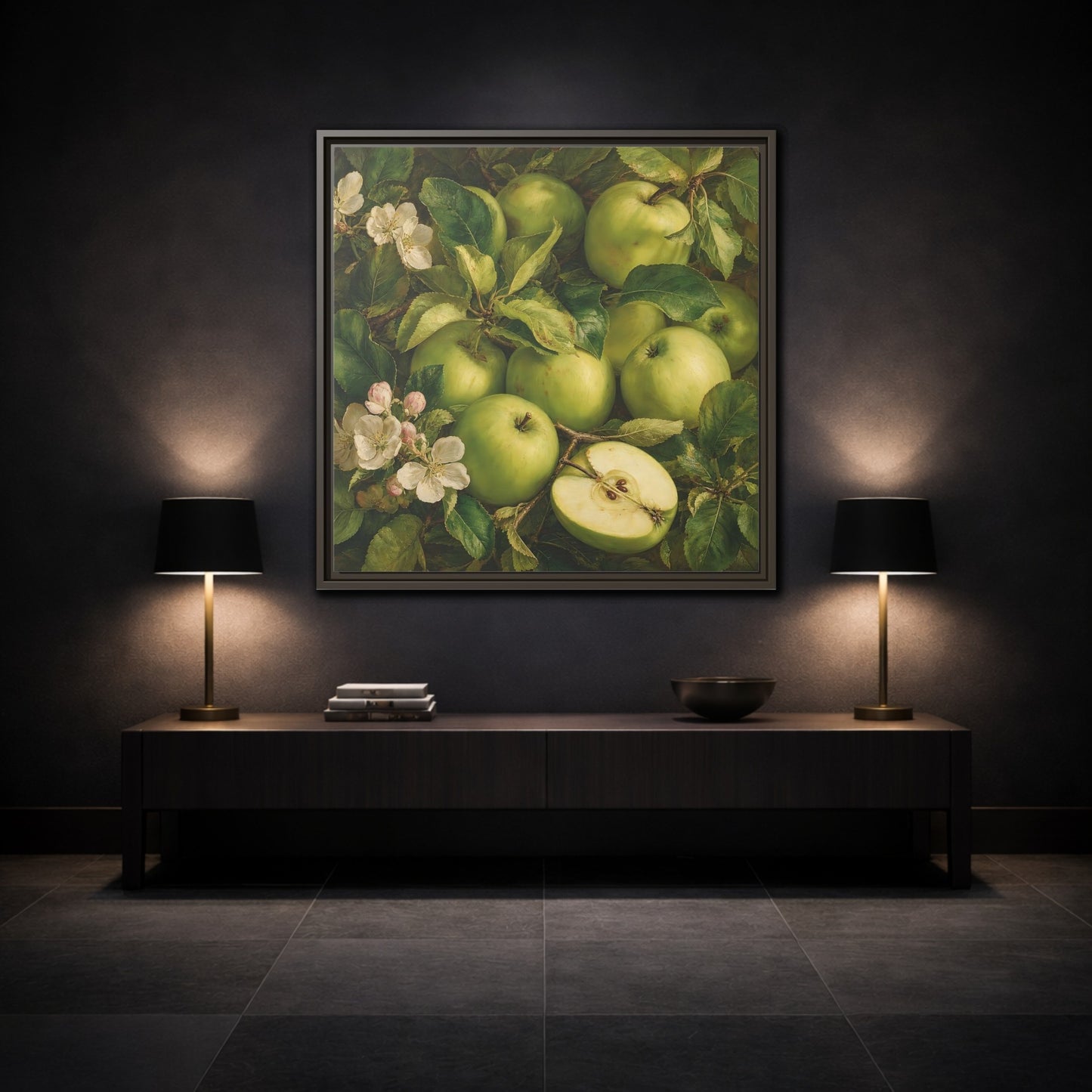 Mockup 3. Soft Painterly Realism Green Apples Beside Leafy Stems shown as stretched canvas wall art