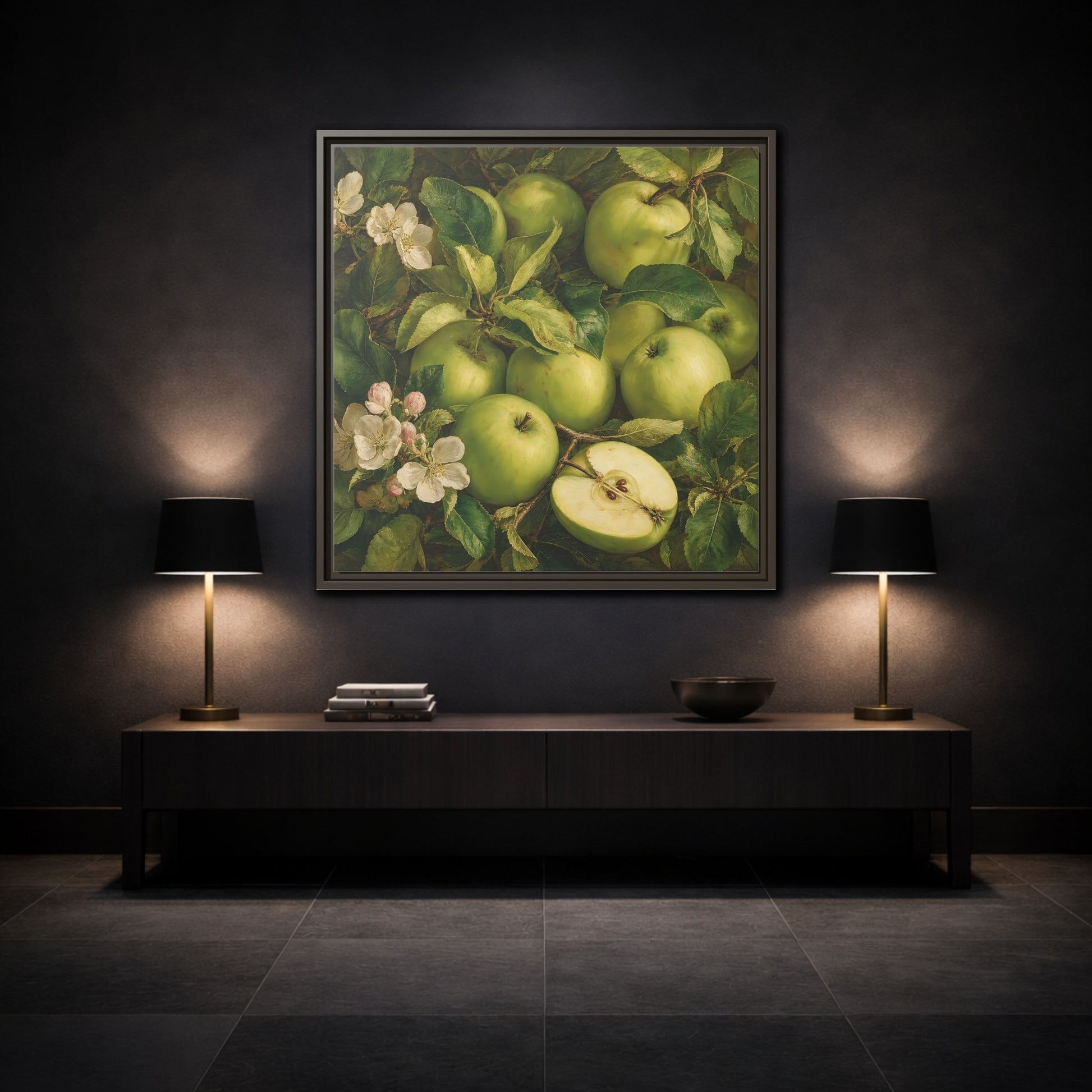 Mockup 3. Soft Painterly Realism Green Apples Beside Leafy Stems shown as stretched canvas wall art