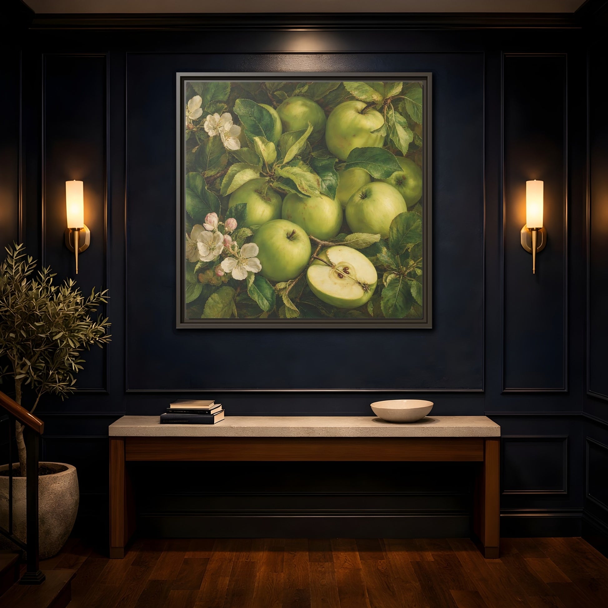 Mockup 4. Soft Painterly Realism Green Apples Beside Leafy Stems shown as stretched canvas wall art