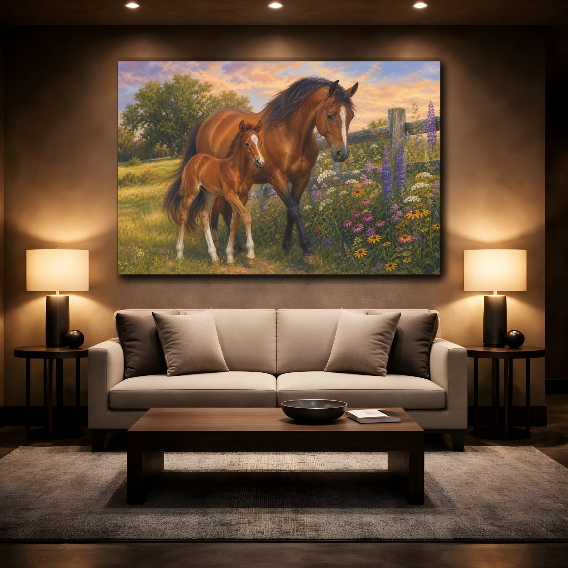 Mockup 2. Soft Painterly Realism Mare And Foal Beside Wildflower Fence shown as stretched canvas wall art
