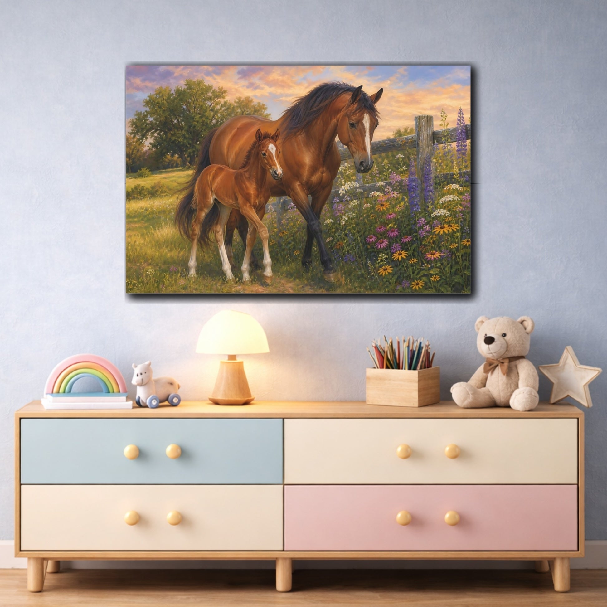 Mockup 3. Soft Painterly Realism Mare And Foal Beside Wildflower Fence shown as stretched canvas wall art