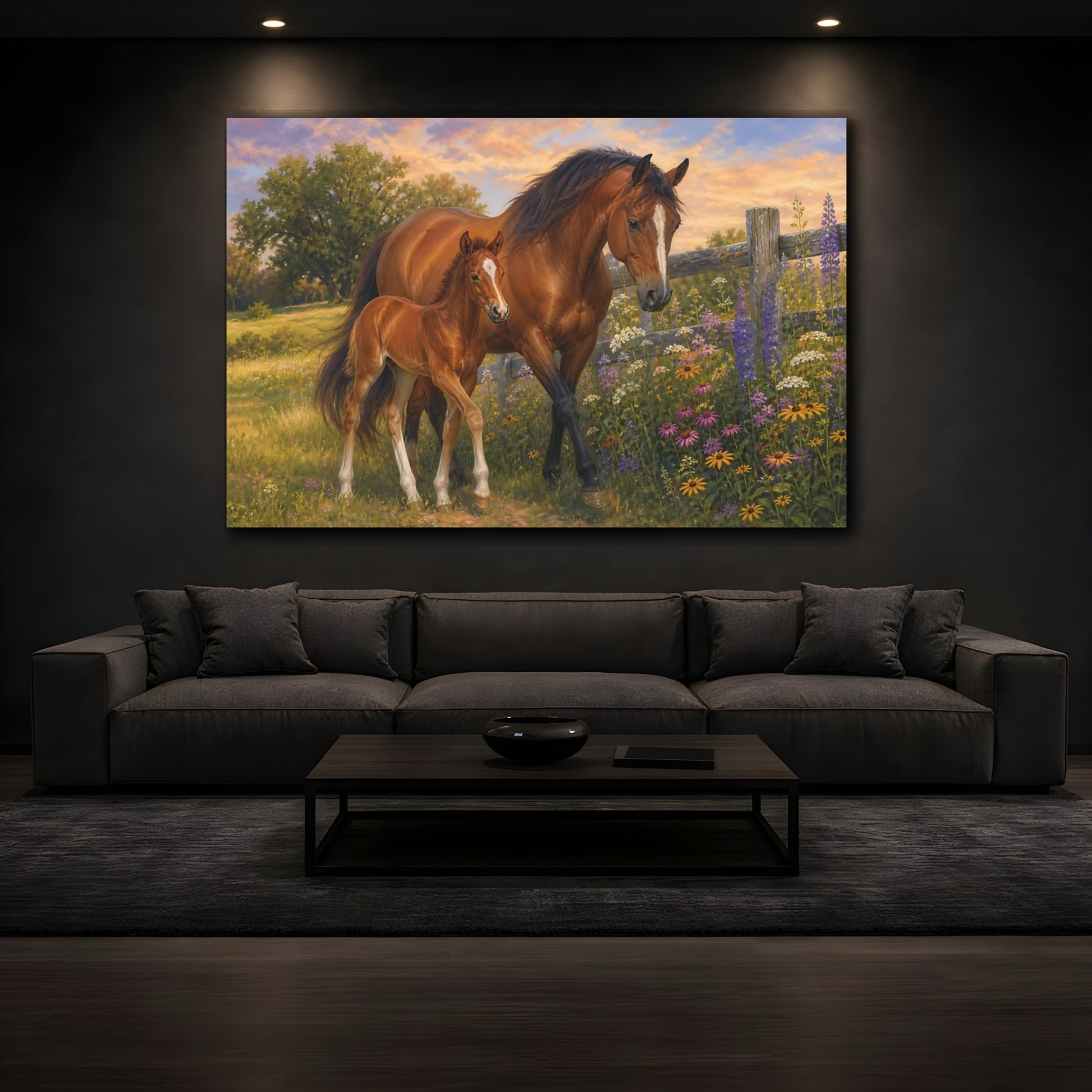 Mockup 4. Soft Painterly Realism Mare And Foal Beside Wildflower Fence shown as stretched canvas wall art