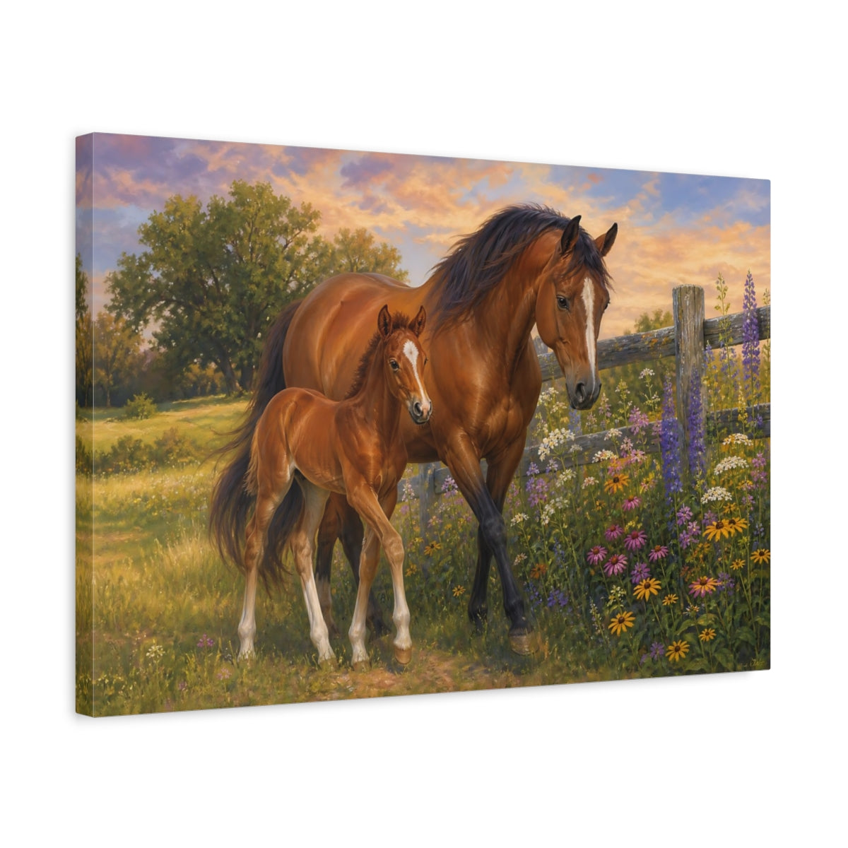 Side Mockup 3. Soft Painterly Realism Mare And Foal Beside Wildflower Fence shown as stretched canvas wall art