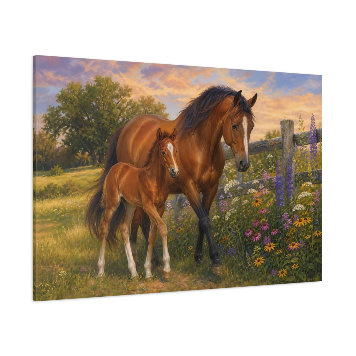 Side Mockup 1. Soft Painterly Realism Mare And Foal Beside Wildflower Fence shown as stretched canvas wall art