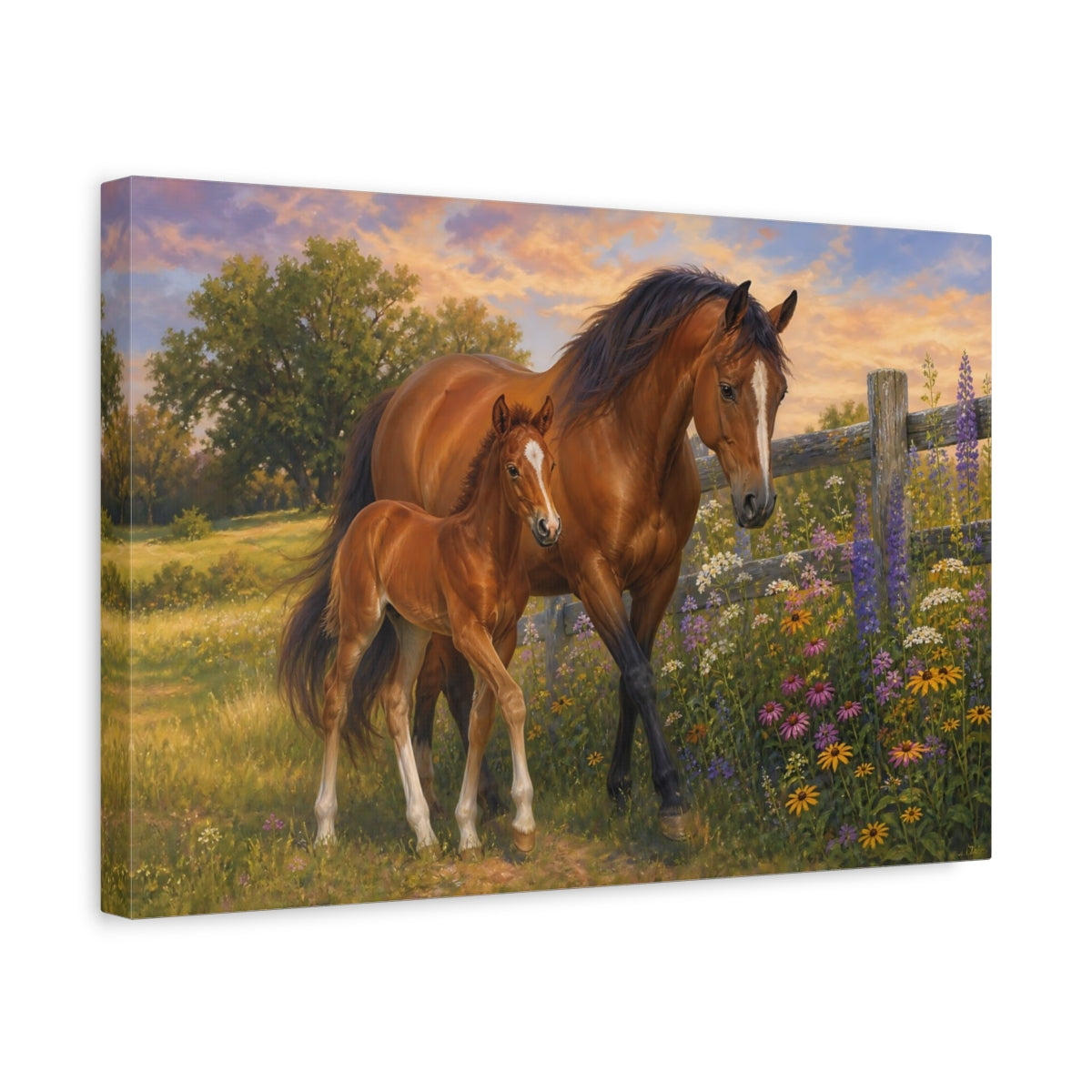 Side Mockup 4. Soft Painterly Realism Mare And Foal Beside Wildflower Fence shown as stretched canvas wall art