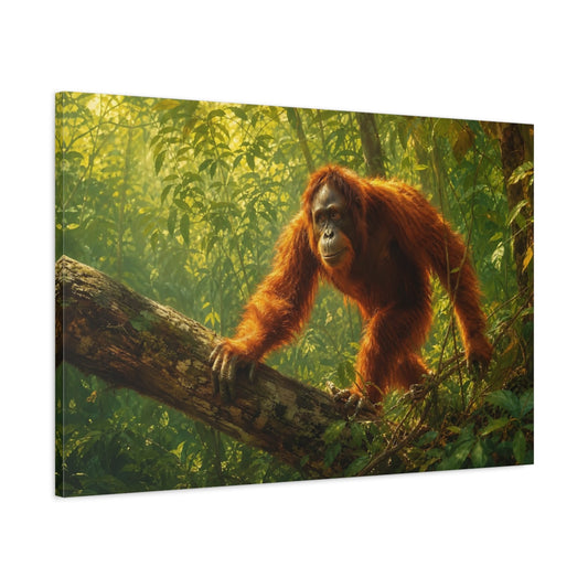 Main Mockup. Soft Painterly Realism Orangutan Beneath Filtered Canopy shown as stretched canvas wall art