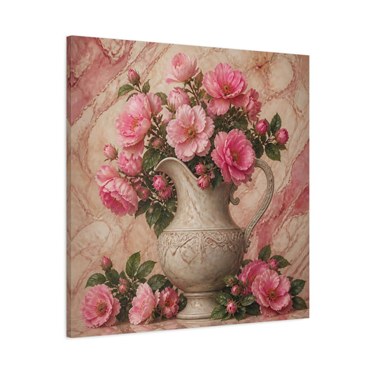 Main Mockup. Soft Painterly Realism Pink Flowers Beside Stone Pitcher shown as stretched canvas wall art