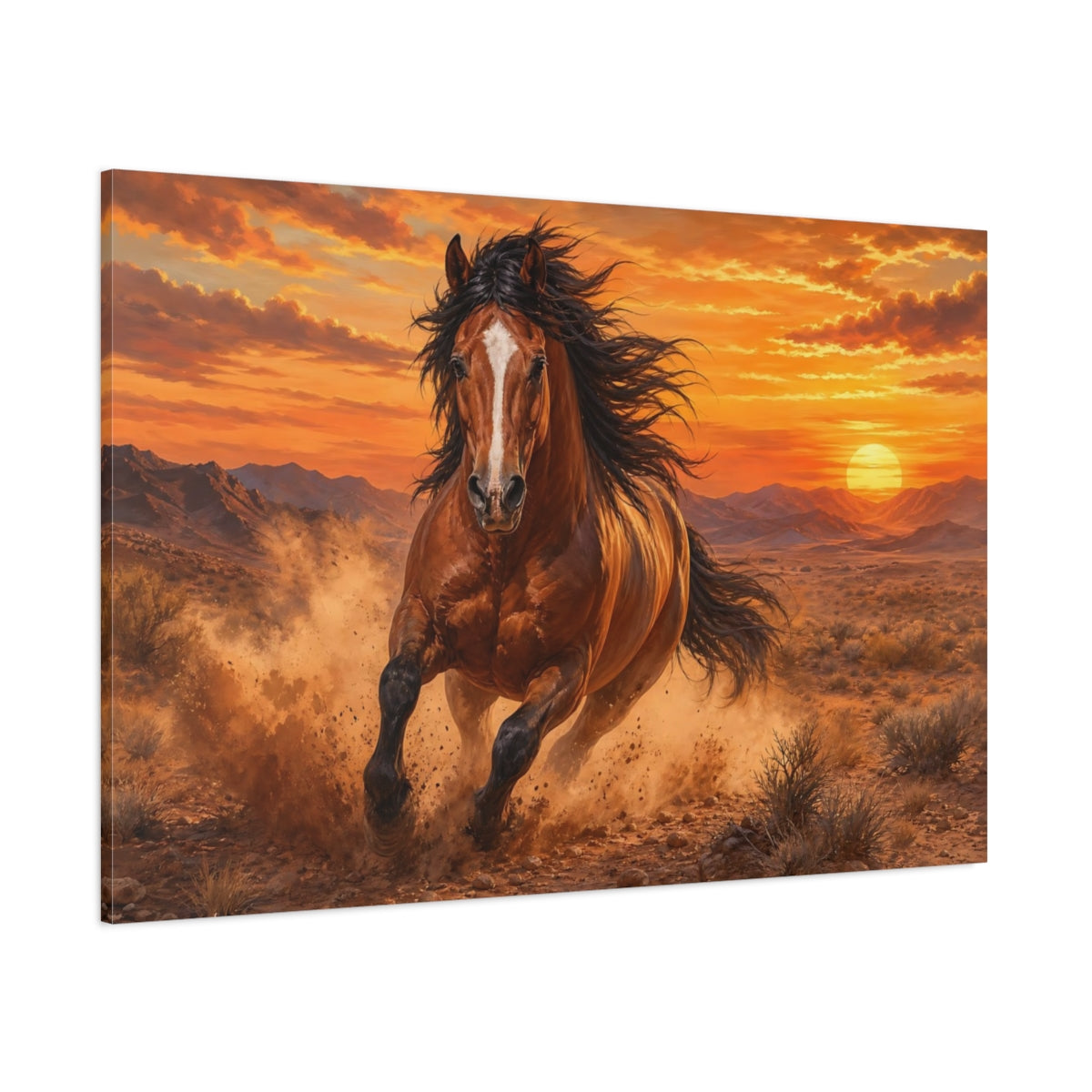 Side Mockup 1. Soft Painterly Realism Stallion Running Through Desert Dust At Sunset shown as stretched canvas wall art