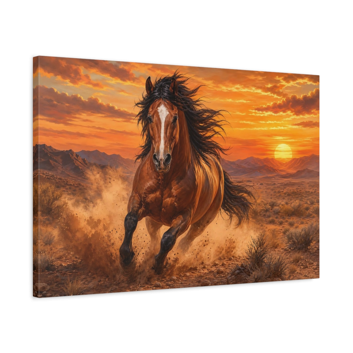 Side Mockup 2. Soft Painterly Realism Stallion Running Through Desert Dust At Sunset shown as stretched canvas wall art