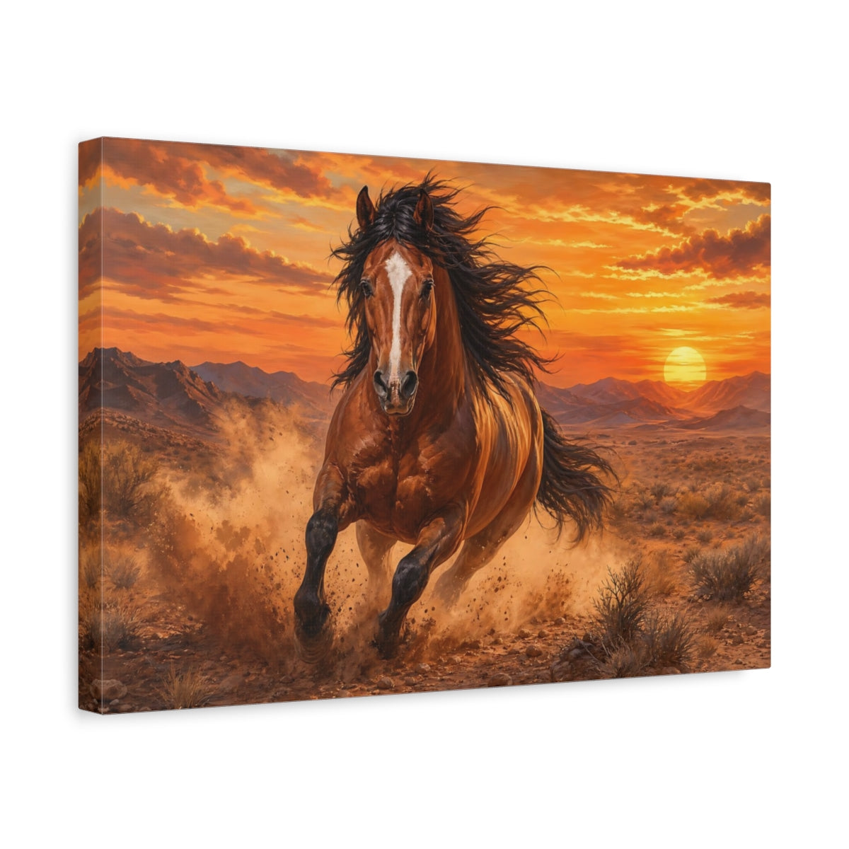 Side Mockup 4. Soft Painterly Realism Stallion Running Through Desert Dust At Sunset shown as stretched canvas wall art