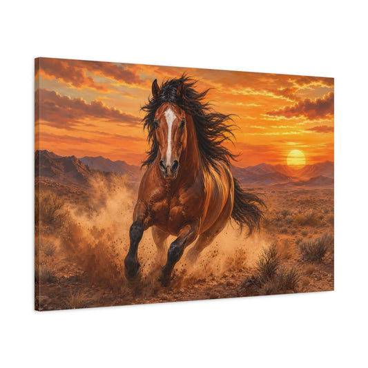Main Mockup. Soft Painterly Realism Stallion Running Through Desert Dust At Sunset shown as stretched canvas wall art